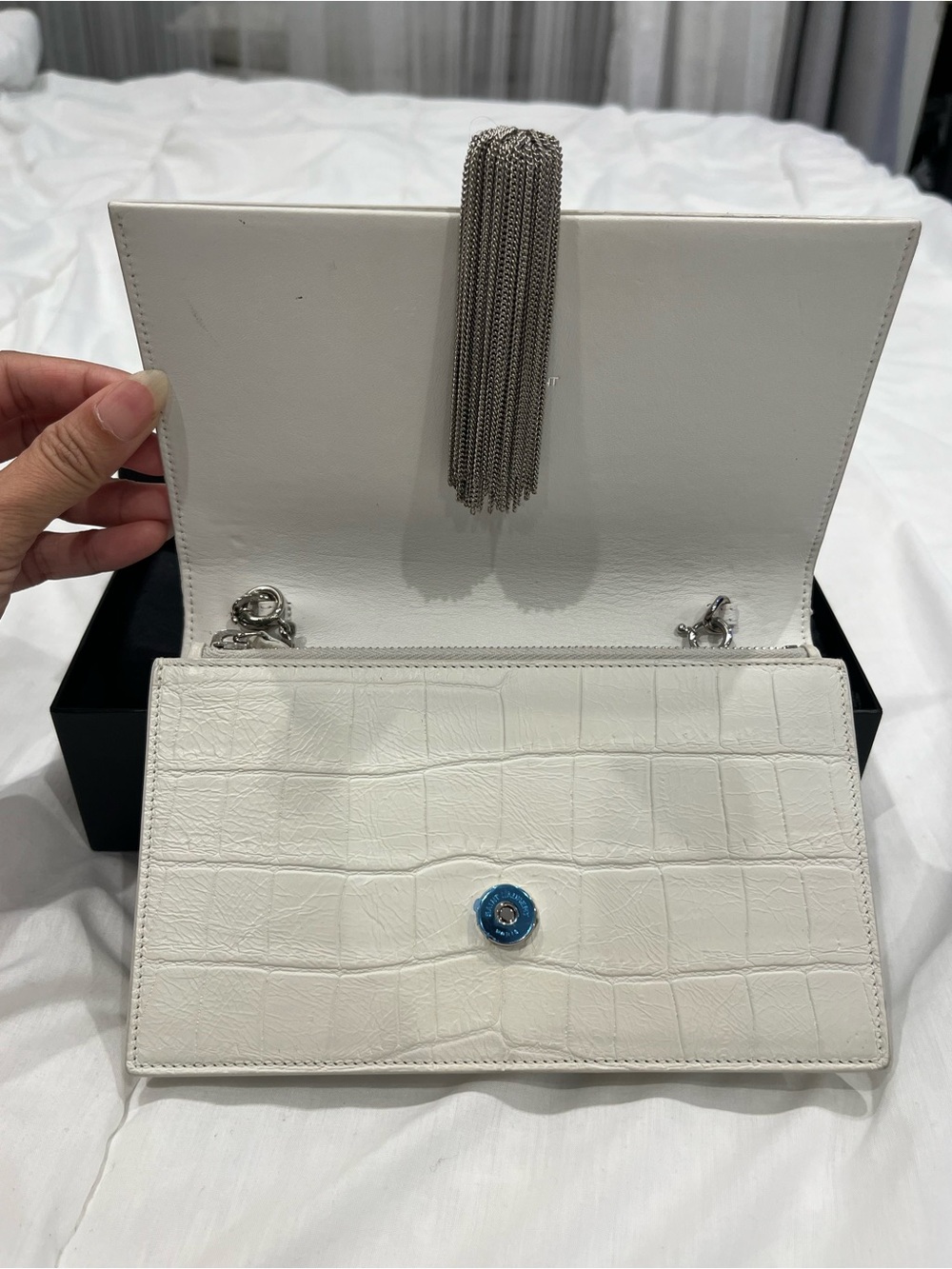 Saint Laurent Monogram Kate Wallet White Croc-Embossed Tassel Chain - Picture 8 of 10